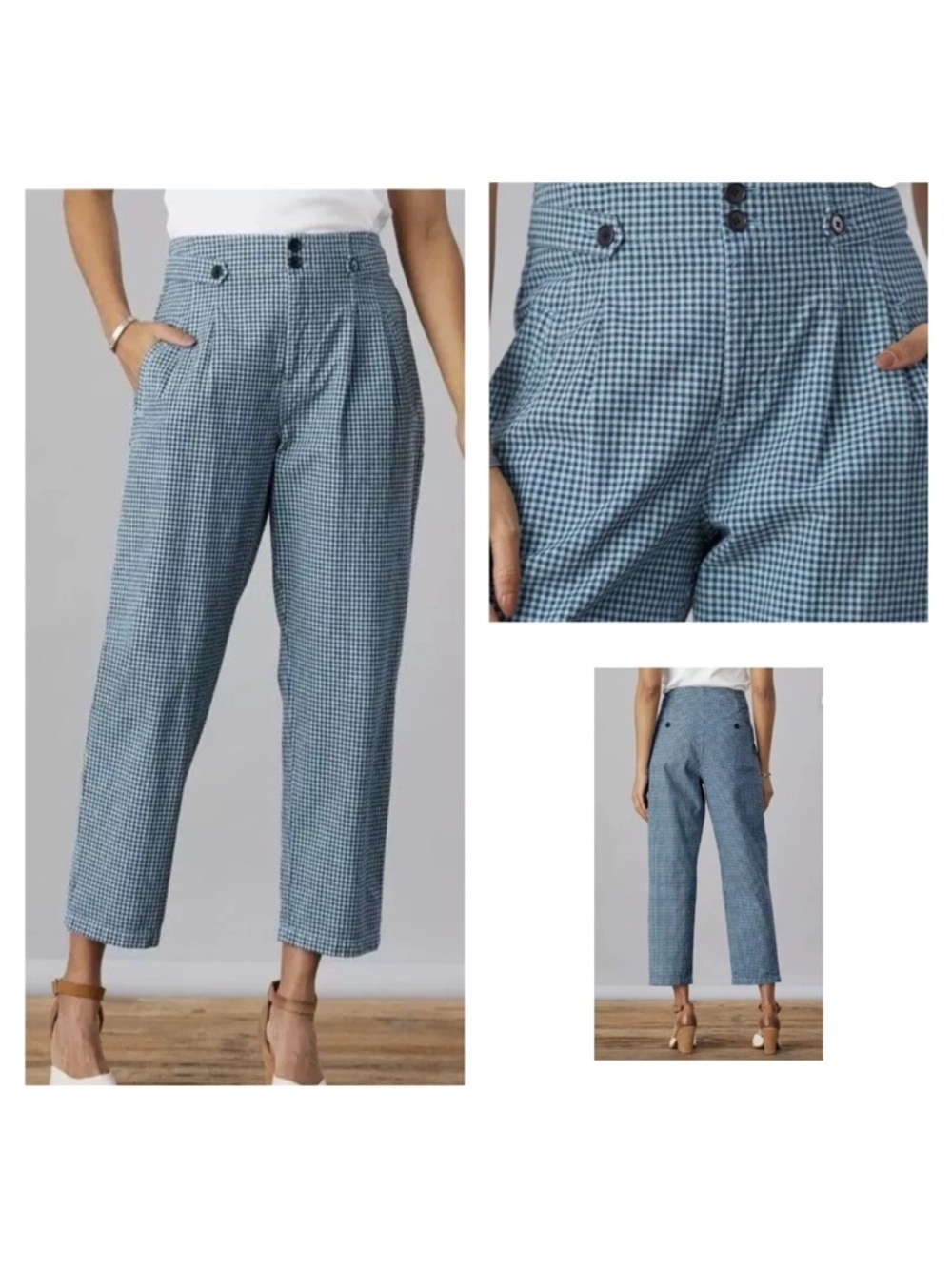 Sundance Catalog Life Of Dreams Womens Pants Blue Gingham Pleated 10 Linen Blend